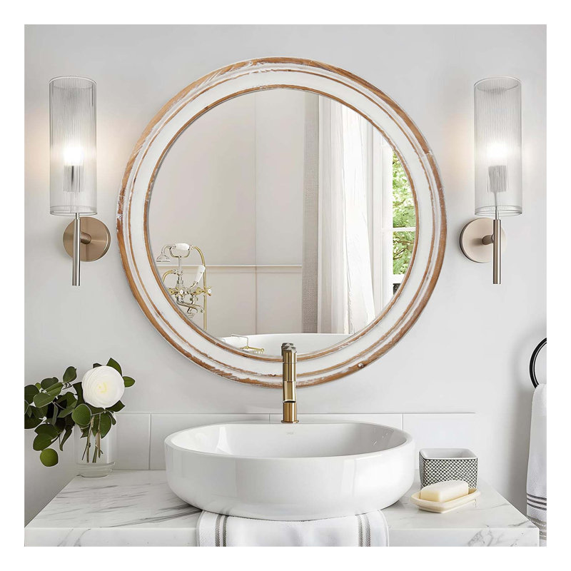 Miroir mural rond 27,5 pouces avec cadre en bois, 27,56 po x 27,56 po