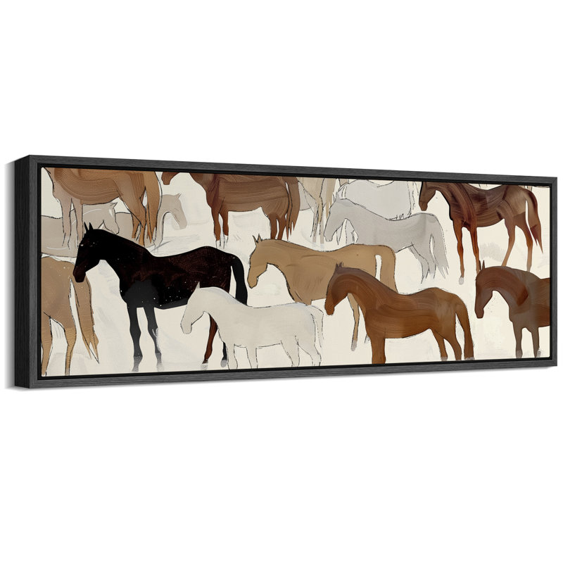 Illustration abstraite de chevaux dans des tons neutres, art moderne, H 20 po x l 60 po, Noir, noir, noir, noir
