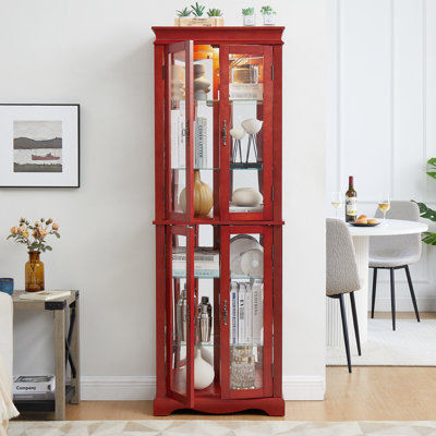 Exquisite Glass Wine Cabinet With Modern Square Top Trim - Cherry Internal Lighting, Movable Partition, Adjustable Shelves, For Living Room