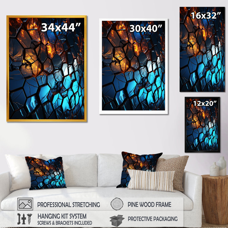 "Mosaïque fractale bleue et jaune III", Cadre flottant noir, 60" H x 28" W