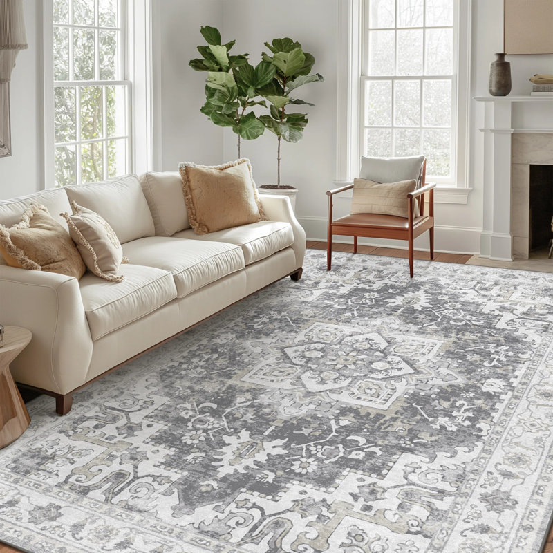 Oriental Paint Distressing Gray Machine Washable Non Slip Indoor Area Rug, Rectangle 8' x 10'
