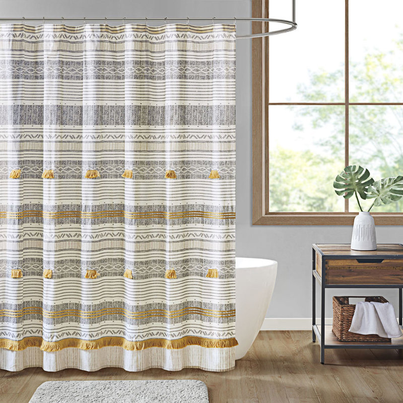 Cody Cotton Stripe Printed Single Shower Curtain with Tassel, Gray/Yellow