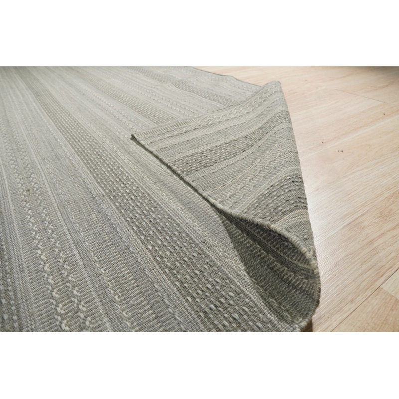 Gray Hand-Knotted Wool Striated Bands Geometric Modern Contemporary Carpet Rug, 4' x 6'