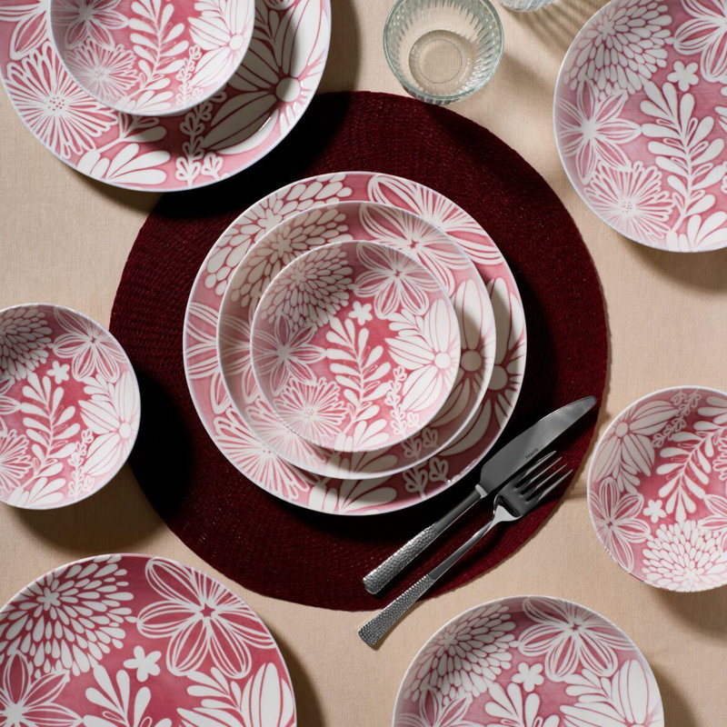 Elegant 18-Piece Dinner Set, Pink & White, 100% Porcelain | Includes 6 Service Plates (9.8 x 9.8 x 1.2 in), 6 Plates (7.9 x 7.9 x 1.6 in), 6 Bowls (5.9 x 5.9 x 1.8 in) | Dishwasher & Microwave Safe, Perfect for Modern Dining Experience
