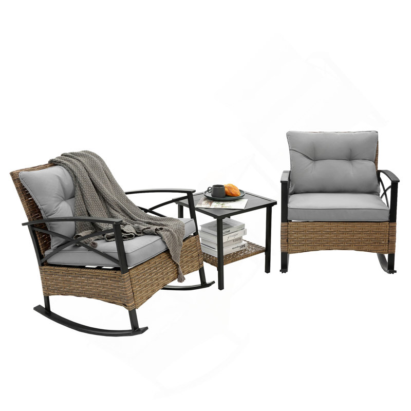 3Pcs Rocking Rattan Set Wholesale Leisure Chair Outdoor Rattan Rocking Chair Set, Gray
