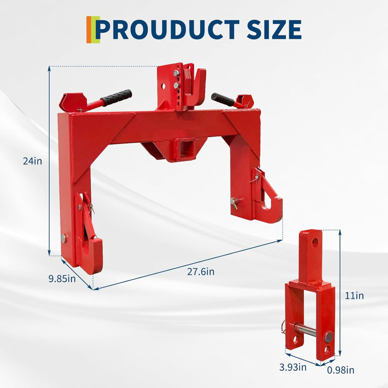 Attache rapide 3 points pour les tracteurs de catégorie 1, capacité de levage de 3000 lb avec récepteur de 2 po et boulon réglable à 5 niveaux, fixation en acier au carbone
