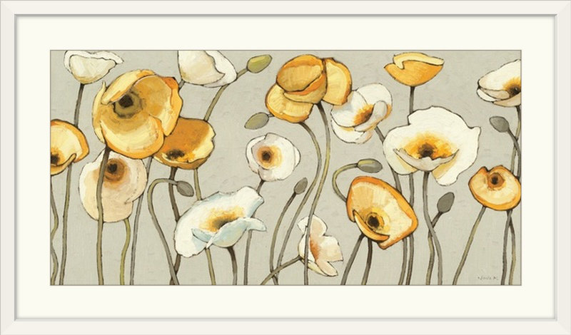 «Floral Gris Jaune Gris I» par Shirley Novak - imprimé, H 26 po x l 44 po x P 1 po, Cadre noir