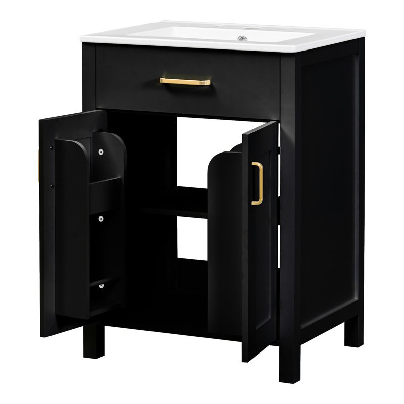 Meuble-lavabo 24 po avec lavabo en céramique - Meuble-lavabo moderne. Bois massif et fabrication. Armoire noire. Poignées dorées. 2 portes à fermeture en douceur. +