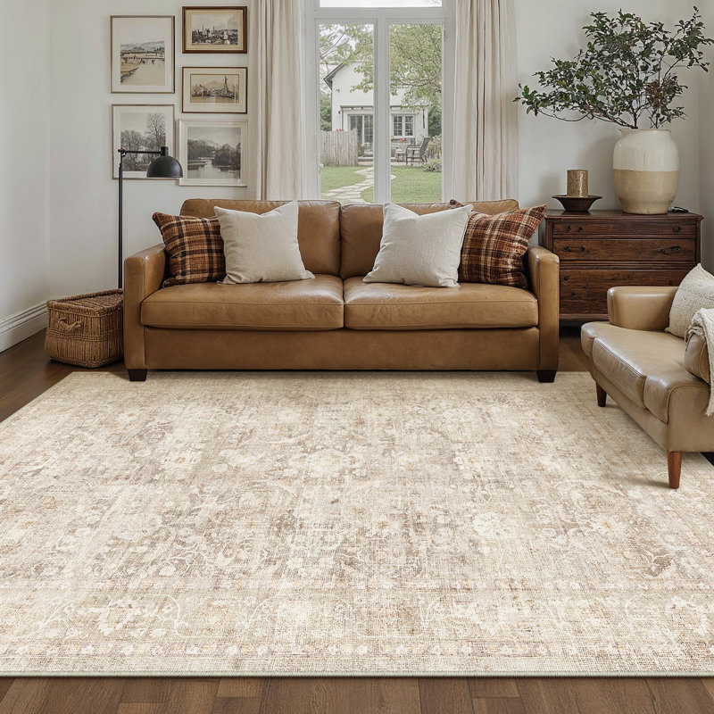 Bremerton Vintage Washable Beige Area Rug With Non-Slip Backing, Rectangle 3' x 5', Beige