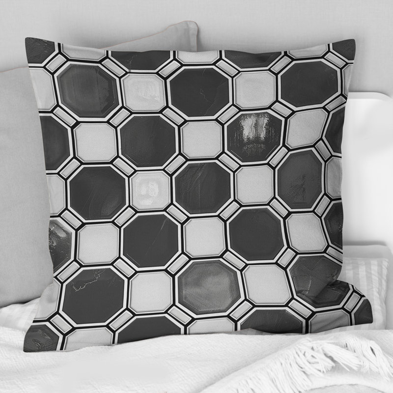 Coussin moderne noir et blanc Modern Hexagon II, H 16 po x l 16 po