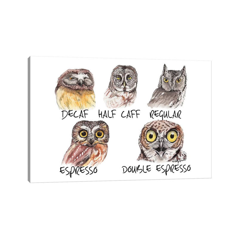 «Owl Caffeine Meter» par Holly Surant, impression sur toile tendue, H 60 po x l 40po x P 1,5 po