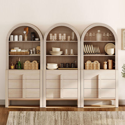 Grand garde-manger arqué 3-en-1 de 71 po, vitrine en bois avec tiroirs et tablettes arquées, armoire Mid-Century polyvalente pour la salle à manger et la chambre à coucher