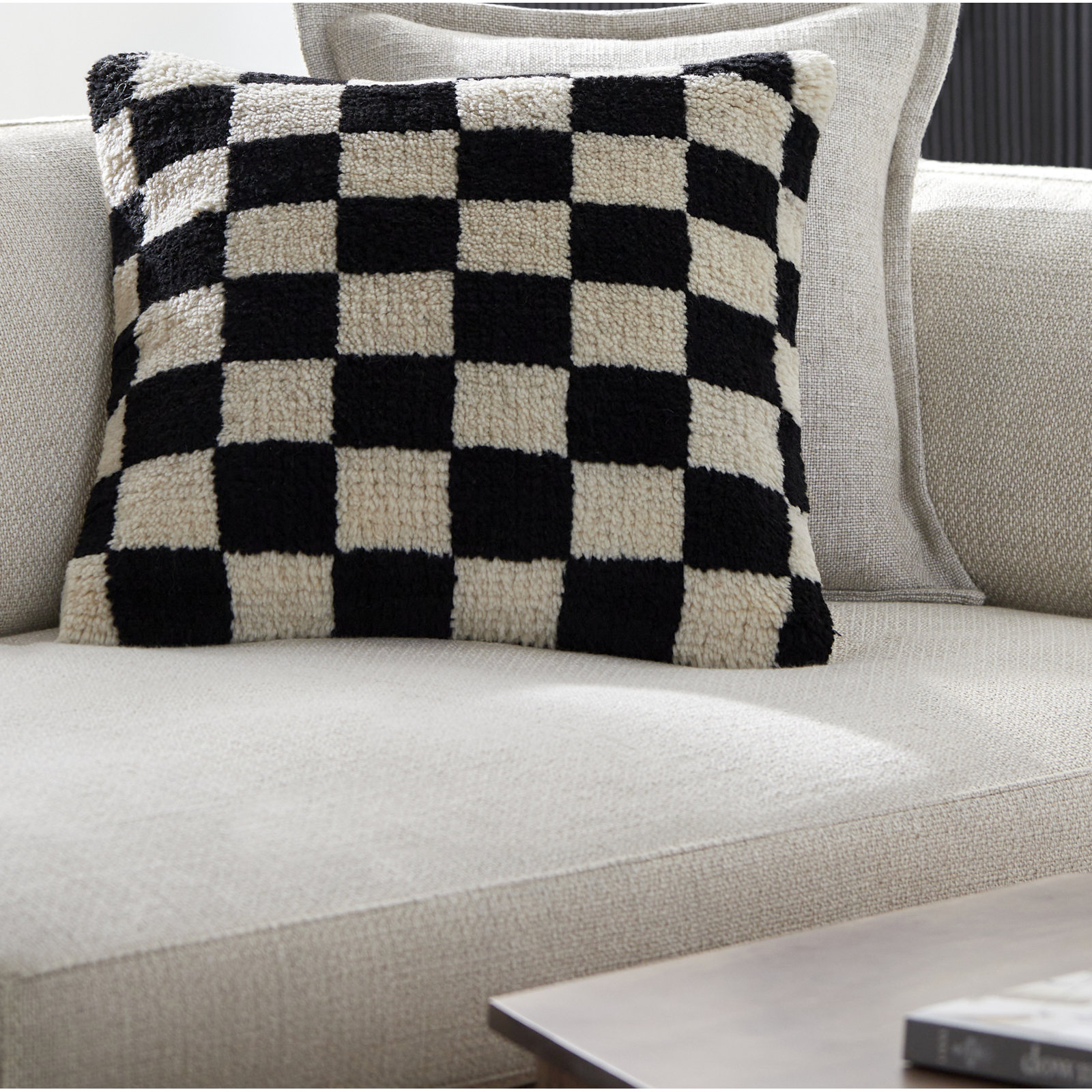 Villere Checkered Wool Throw Pillow, Tan, 20"H x 20"W, Down