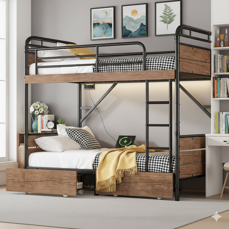 Metal Bunk Bed, Detachable Metal Bunk Bed With LED Light And Charge Station, Bunk Bed With Two Storage Drawers