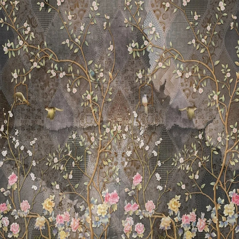 Sérénité ornée - Oiseaux en fleurs sur une tapisserie au crépuscule, L 96 po x l 108 po