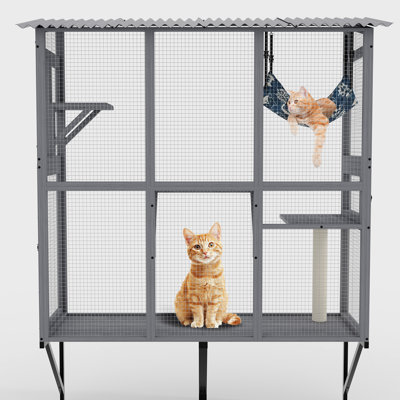 Cat Patio With 3 Platforms, 1 , Doors, , Easy Assembly, Gray For Large Cats, All-weather Use Perch Spacious Multi-level Rest Area, Connectable Indoor-