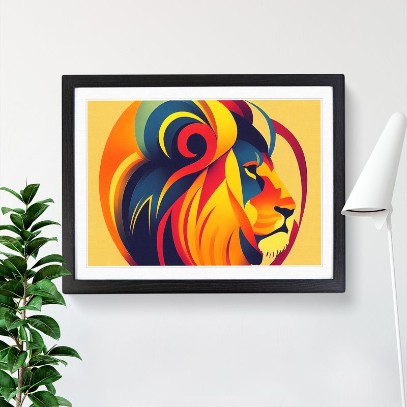 Lion Deco Style Abstract - Single Picture Frame Print, Black, 46cm H x 64cm W x 2cm D