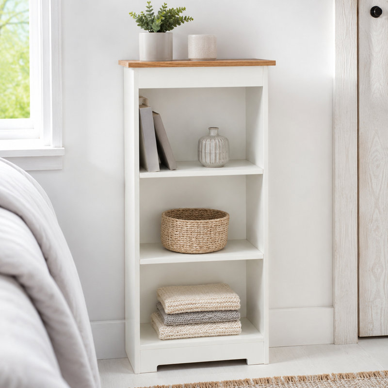 Ainsa 3-Shelf Bookcase, Soft White Painted & Oak Veneer Effect Top, 100 cm H x 44 cm W x 21.5 cm D