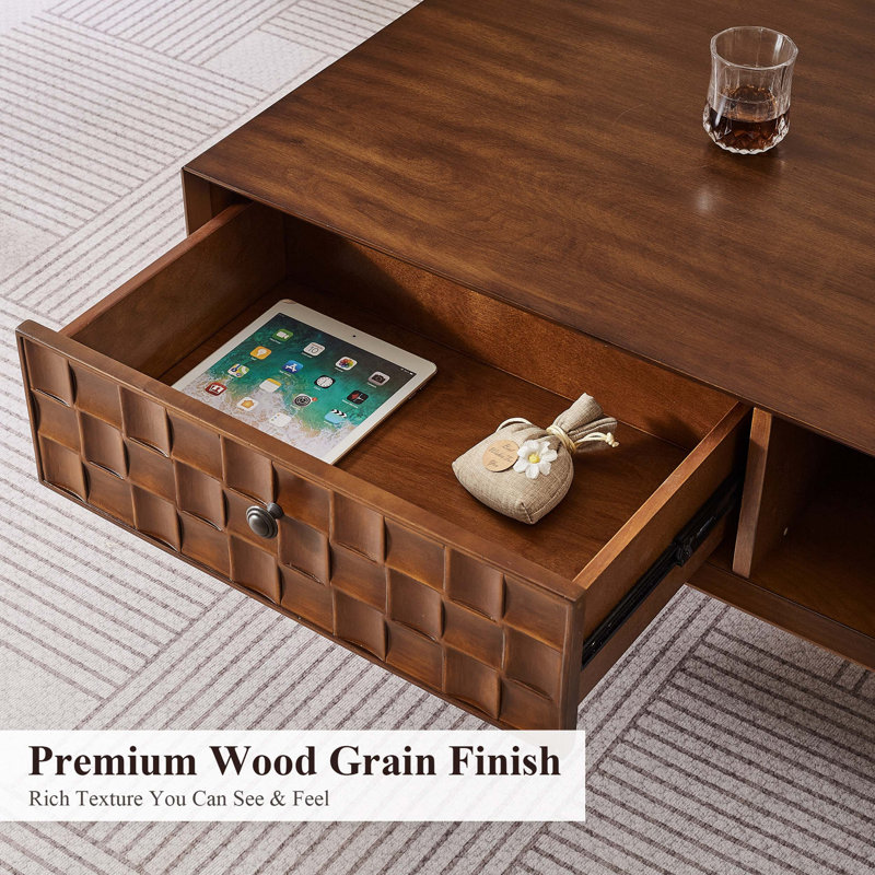 Table basse rustique en bois avec tiroir caché et tablette ouverte pour le rangement du salon, Walnut Brown