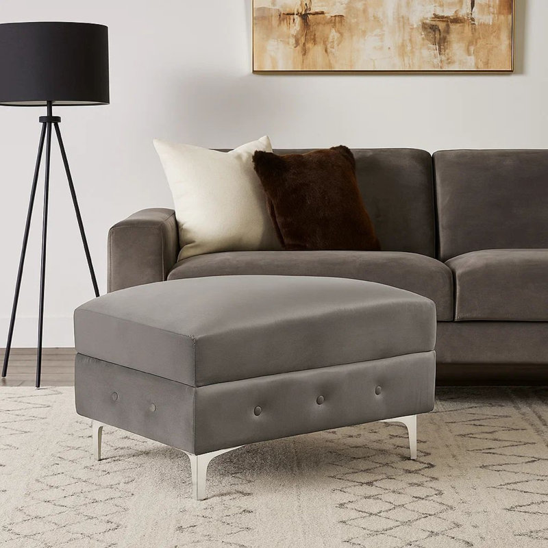 Repose-pieds carré de style transitionnel avec pieds en acier chromé et capitonné, Mélange de coton gris