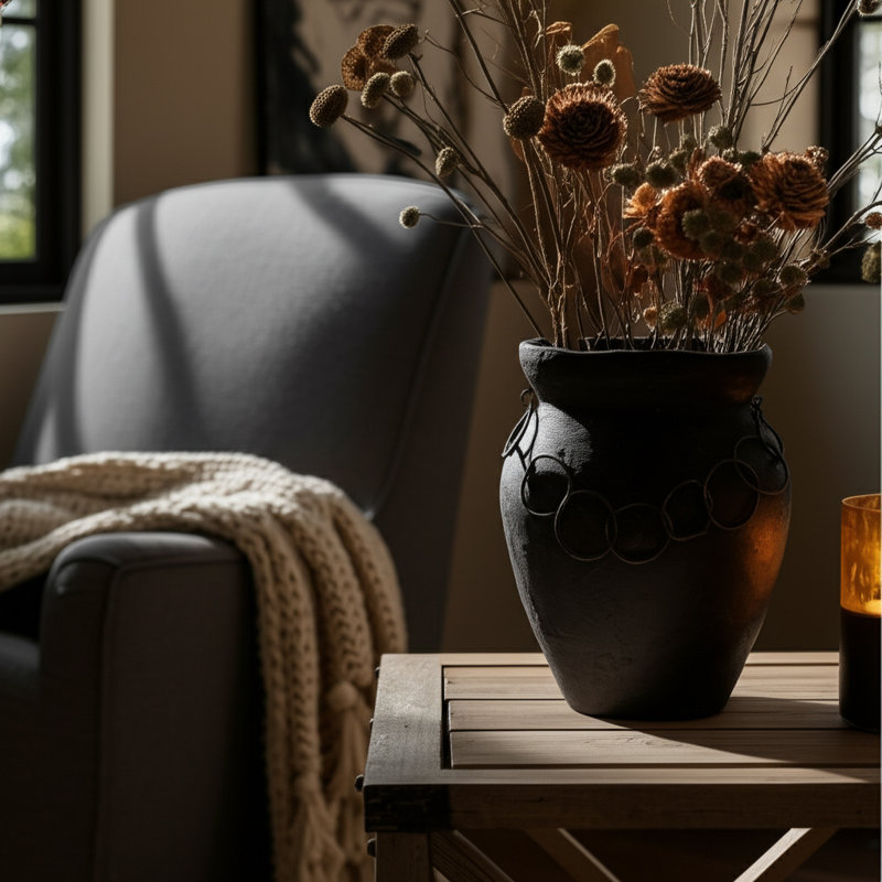 Rustic Terracotta Vase With Chain, Black, 10" H x 8" W x 8" D