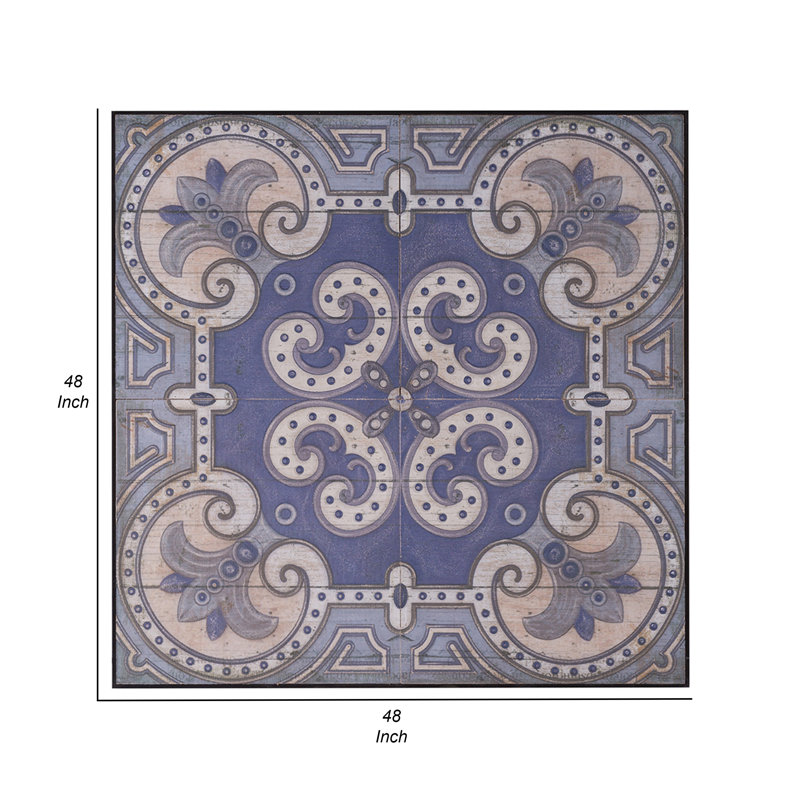 48" Blue and Ivory MDF Floral Mandala Wall Art Tile
