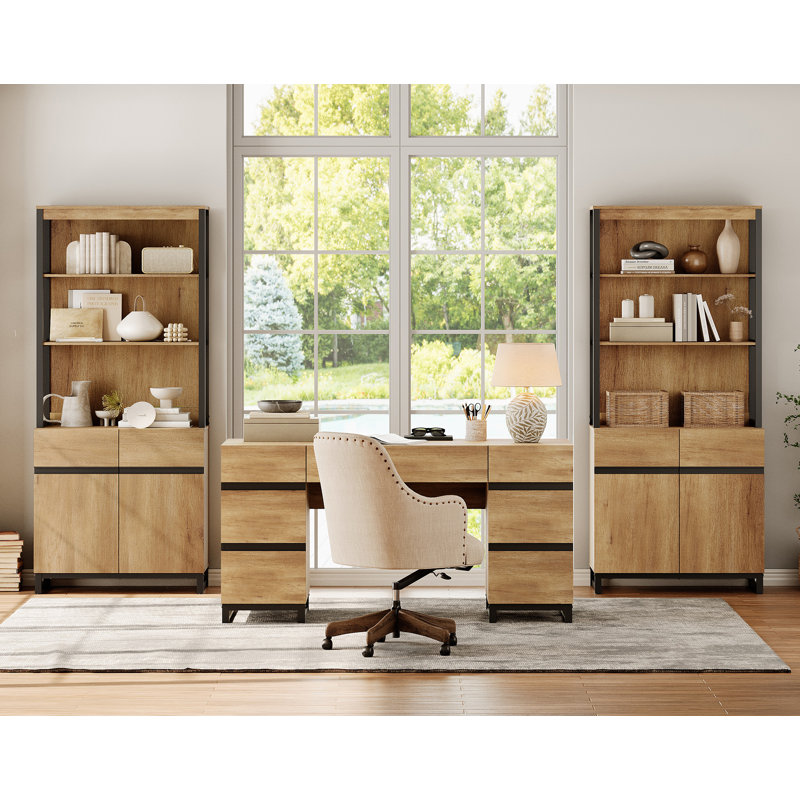Home Office Furniture Set: 59In Modern Executive Desk With Charging Station & Drawers And 2 PCS 72In Tall Bookcases With Storage Cabinet, Home Office Furniture For Living Room, Bedroom, Oak