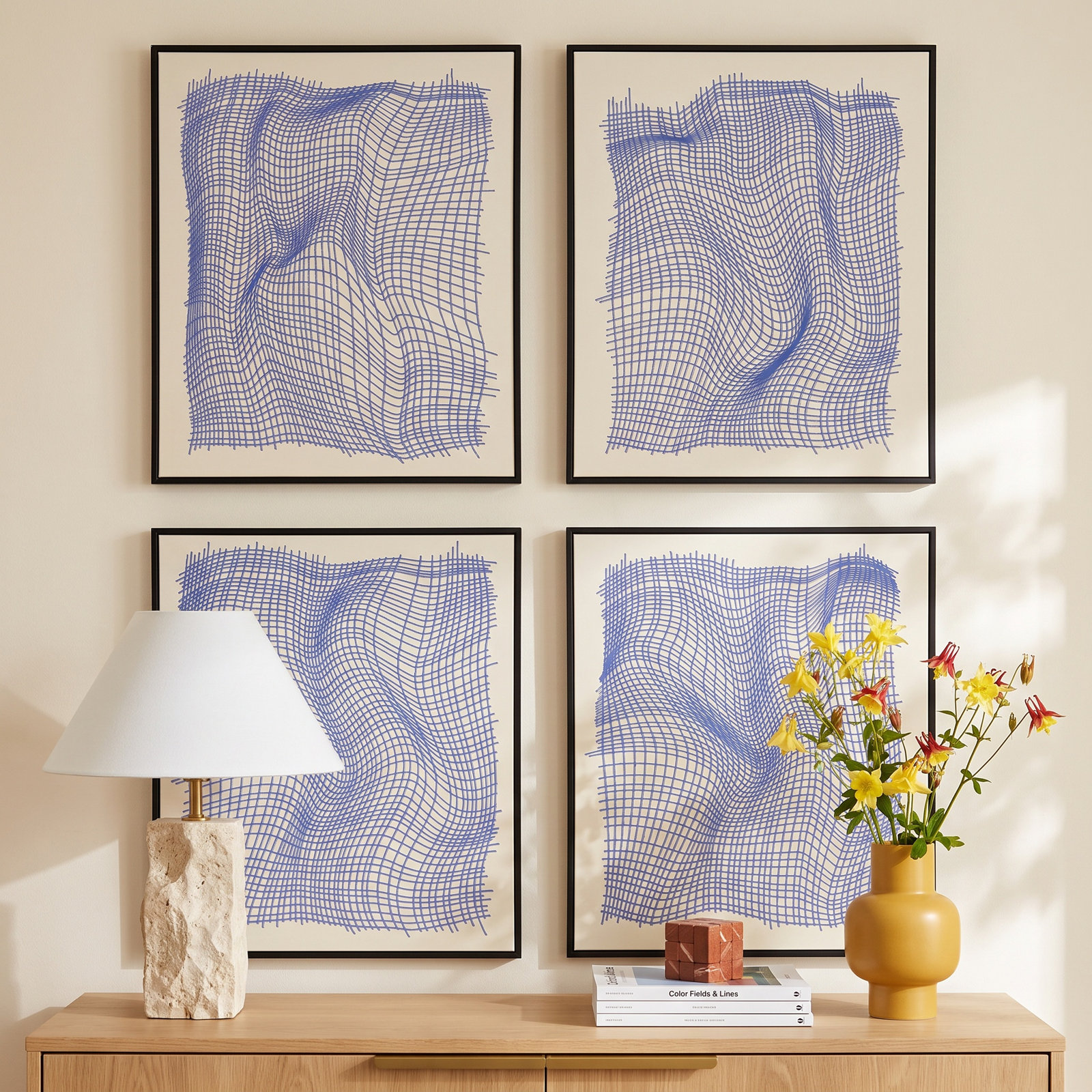 Netting 4-Piece Print Set by Jacques Pilon, Black Single Structure Framed Canvas, 50" H x 160" W x 1.25" D
