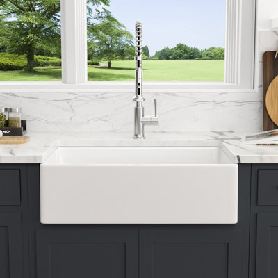 36" L x 20" W Single Bowl White Ceramic Reversible Farmhouse/Apron Kitchen Sink with Basket Strainer and Sink Grid
