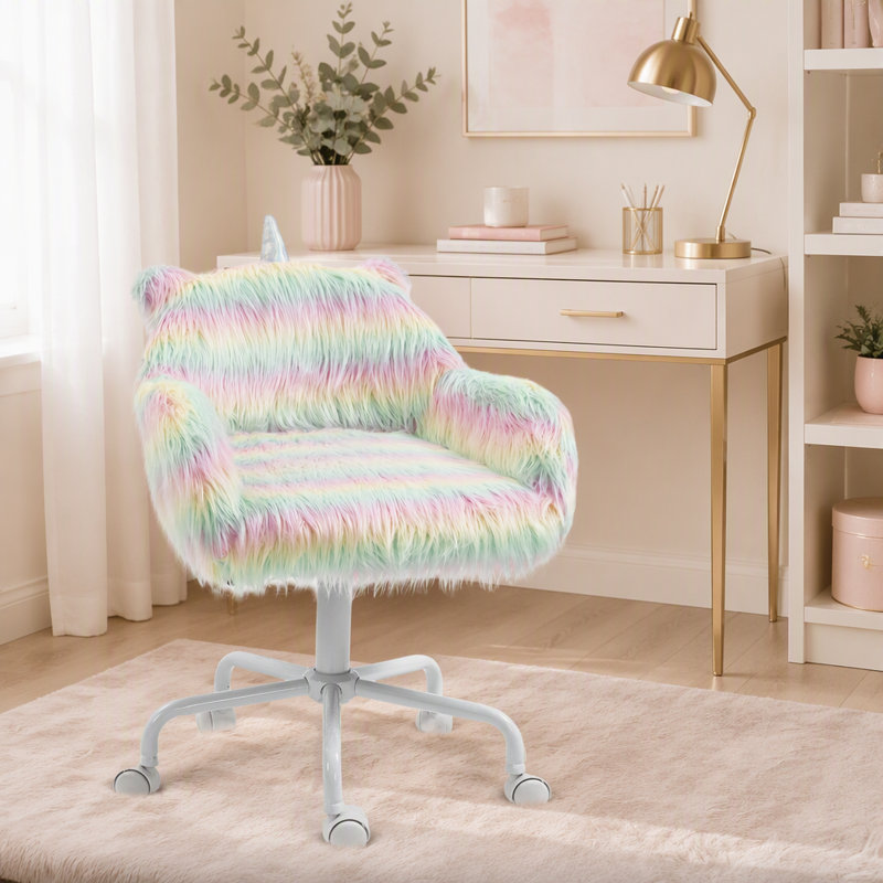 Chaise de bureau Fluffy Unicorn avec dossier moyen et accoudoirs, base pivotante blanche à 5 branches