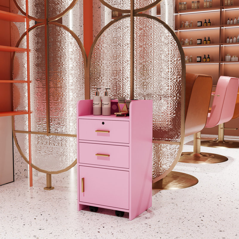 Armoire de rangement rose avec 2 tiroirs et 1 support pour équipement de beauté et de beauté