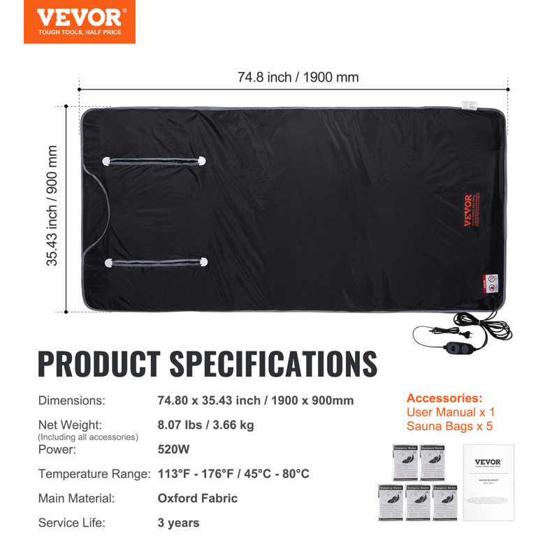 VEVOR Fabric Water Resistant Sauna Blanket, 74.80" W x 35.43" D