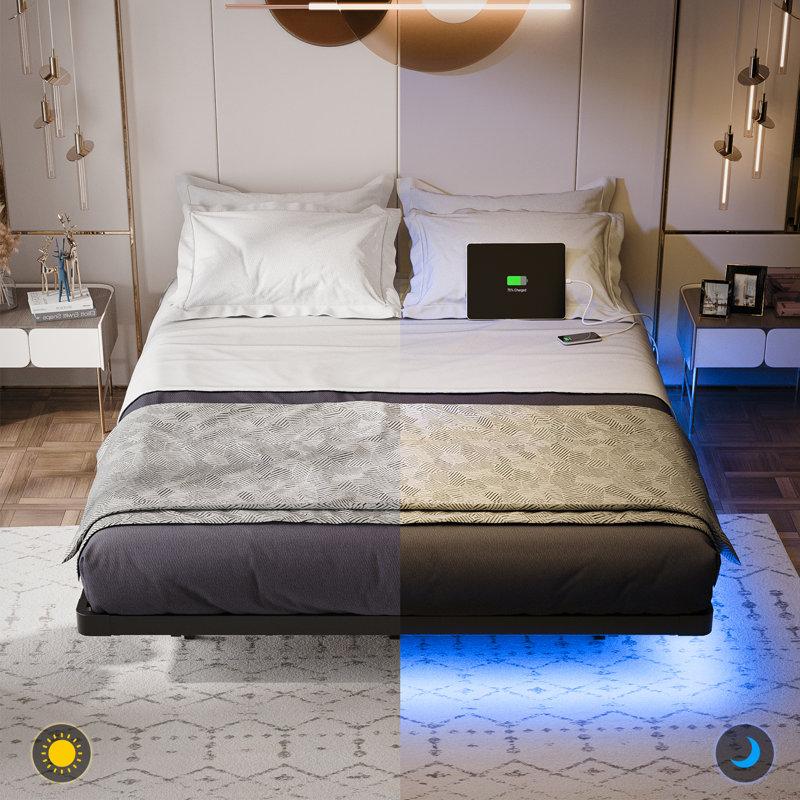 Kathrene Floating Bed Frame with LED Lights and Charging Station, Queen