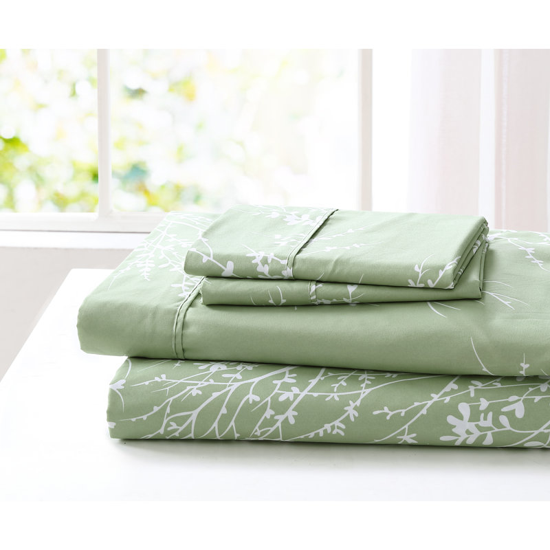 Microfiber Floral Sheet Set, Full Sheet Set + 1 Fitted Sheet + 2 Pillowcases, White/Light Blue