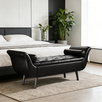 Storage Bench for Bedroom PU Leather End of Bed Bench King Size, 65 inch Long Modern Velvet Tufted Upholstered Window Ottoman Benches with Arm Bedroom Benches with Storage and Seating for Entryway