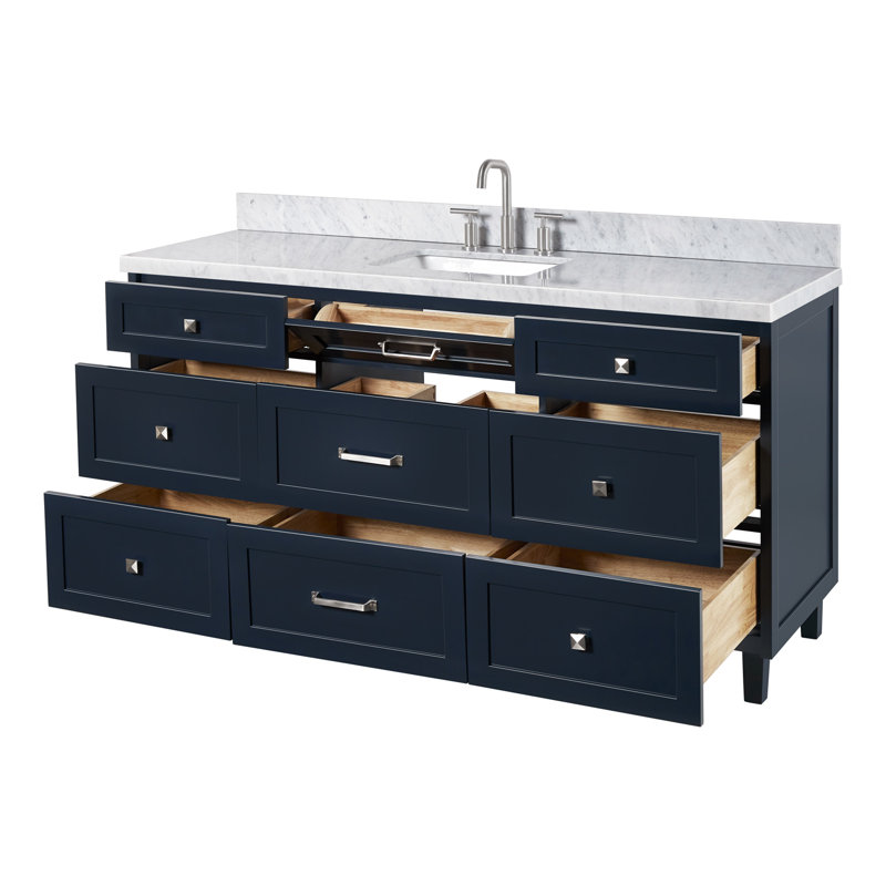 Ariel Monroe 67 Inch Single Rectangular Sink Bathroom Vanity With Italian Carrara Marble Countertop, Midnight Blue