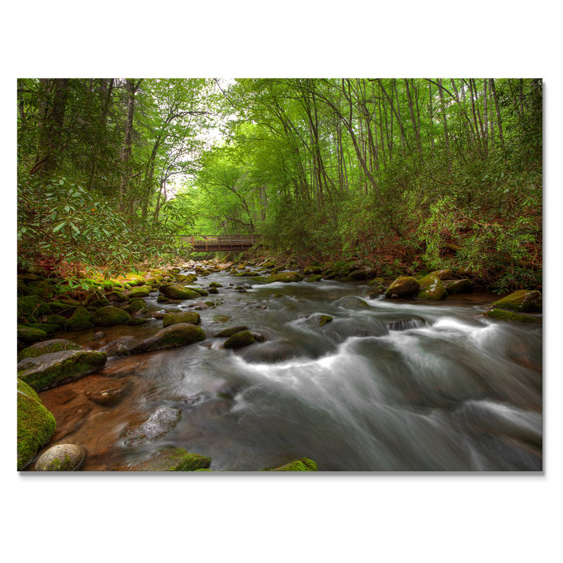 Rivière en vert forêt d'été - décoration murale traditionnelle sur toile, H 34 po x l 44 po x P 1,5 po, Toile tendue
