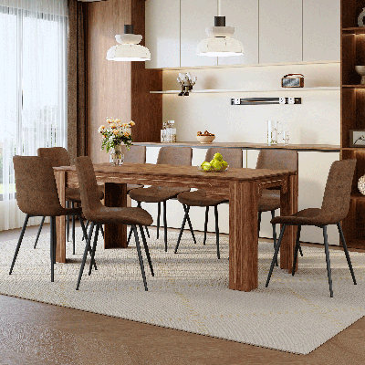 71" Wood Finish Dining Table Set For 6/8, Modern Rectangular Kitchen & Dining Room Set With PU Leather Chairs