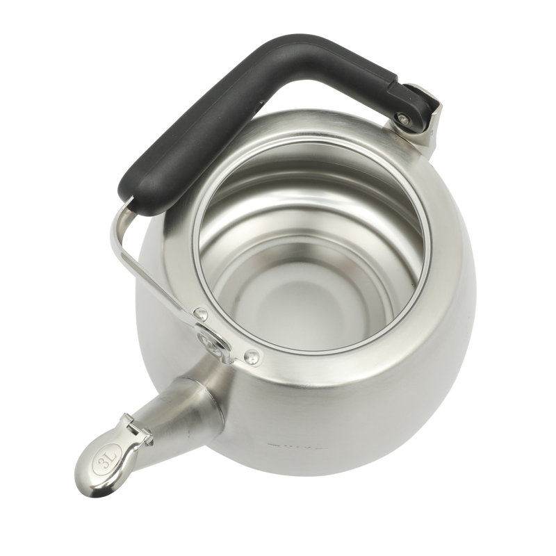 Sur La Table Kitchen Essential Large 2 QT Heavy Gauge Brushed Stainless Steel Whistling Tea Kettle