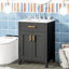 Meuble-lavabo de 61 cm (24 po) - Design luxueux en bois massif noir et lavabo en céramique. Deux portes à fermeture en douceur pour plus de commodité. Construction compacte. Finition soignée. Poignées dorées. Portes. Rangement pratique.