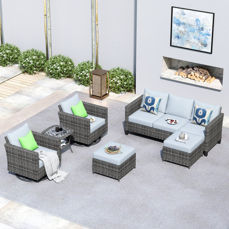Ensemble de patio complet en rotin pour 5 personnes avec foyer Ben, Gris, Non