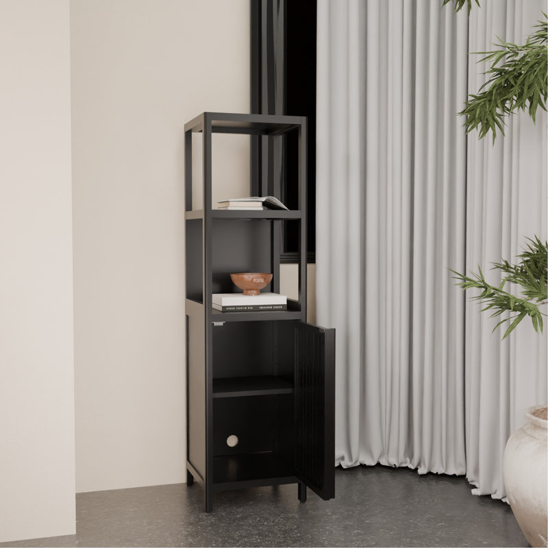 Armoire mince de 52 po de hauteur noire mince pour espaces de vie, 2 tablettes ouvertes, assemblage facile, espaces variés, résistance