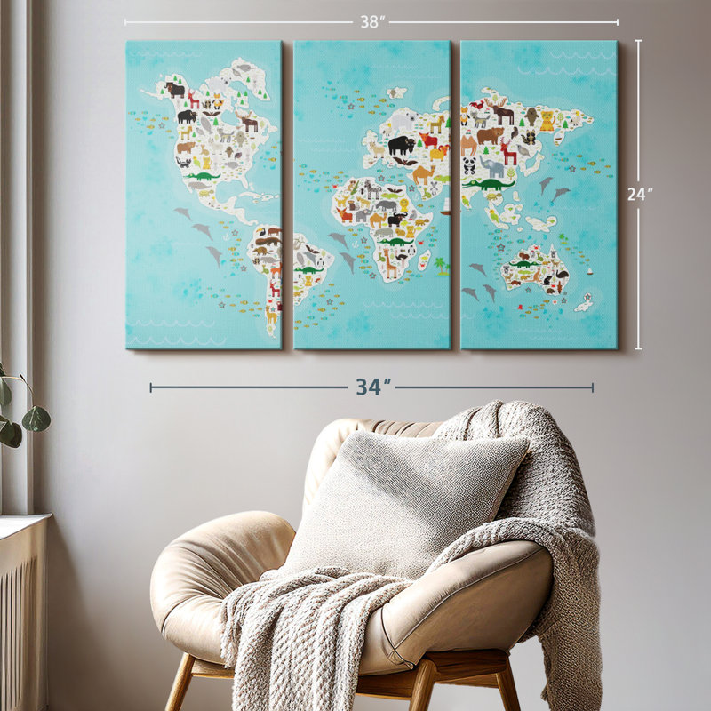 "Mignon animaux, carte du monde, art mural" sur toile, H 24 po x l 38 po x P 1,25 po