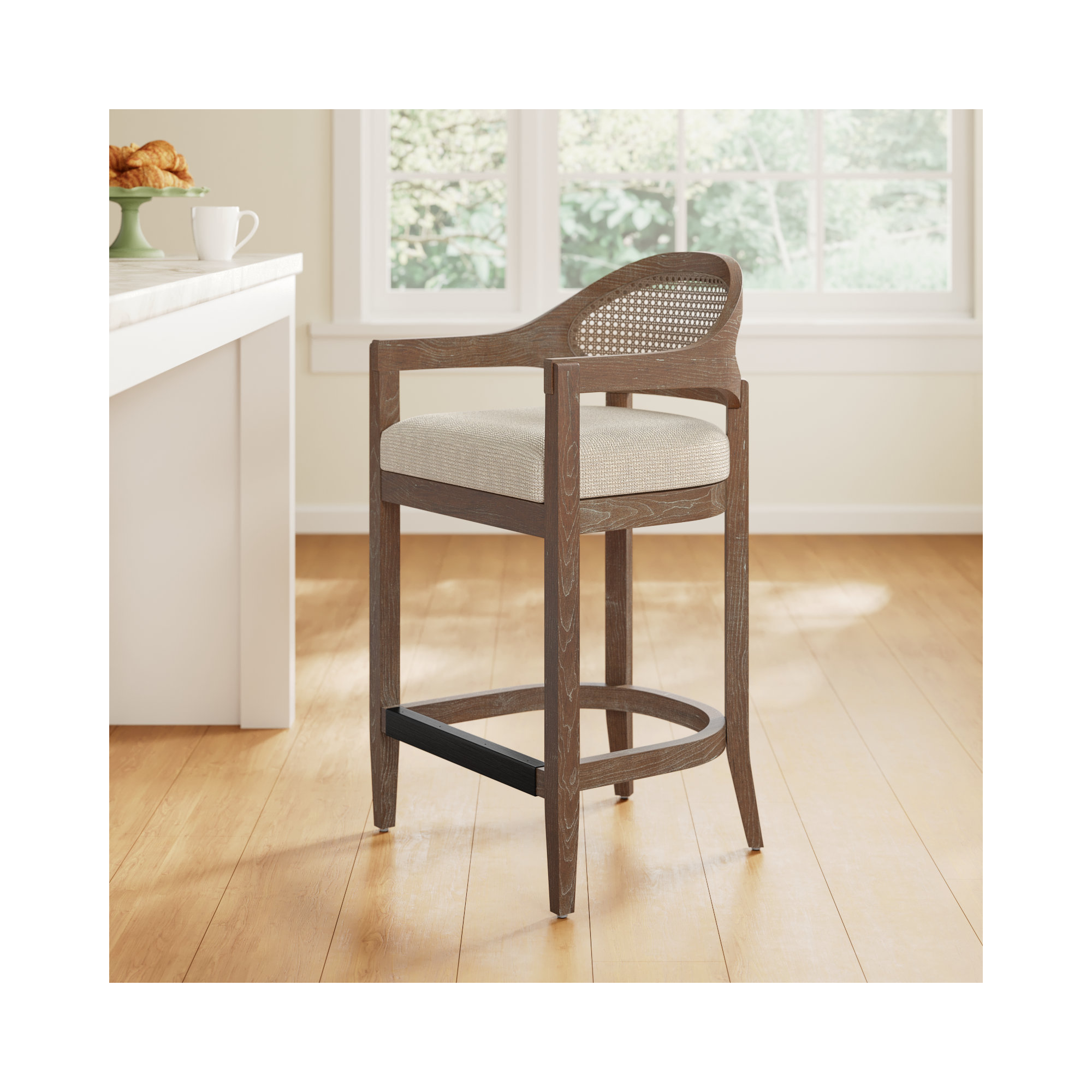 Copley Cane Stool, Counter Stool (26” Seat Height), Taupe Beige