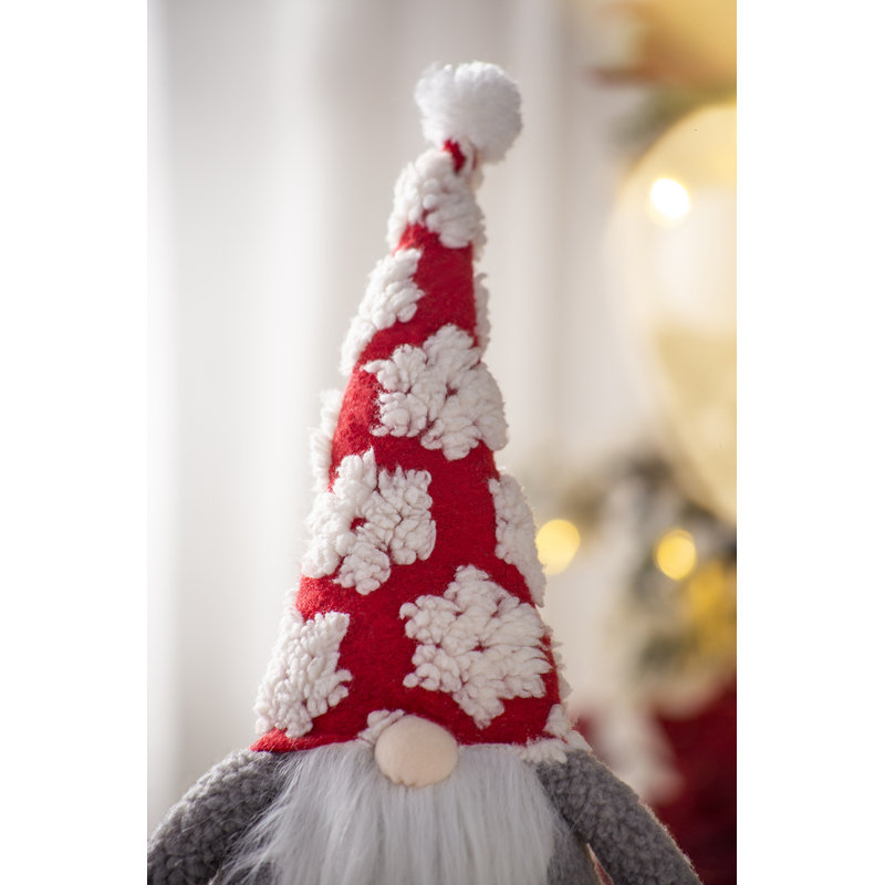 Fabric Gray Body Standing Gnome Snowflake Pattern Hat Set of 2 9.7" x 4.7" x 17.7"H Red/White