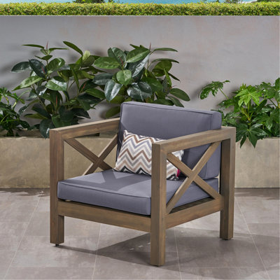 Fauteuil club en bois 29,36 po Chaise profonde avec coussins en tissu imperméable gris, facile à entretenir, hauteur de 26,48 po