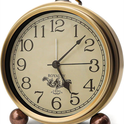 Metal Golden Table Clock, Retro Vintage Non-Ticking Small Alarm Clock,Battery Operated Silent Quartz Movement HD Glass Desk Clock for Bedroom Living Room Indoor
