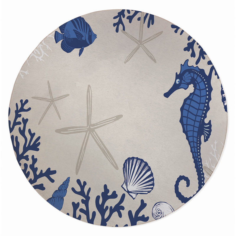 Coral & Seahorse Outdoor Rug, Round 5'