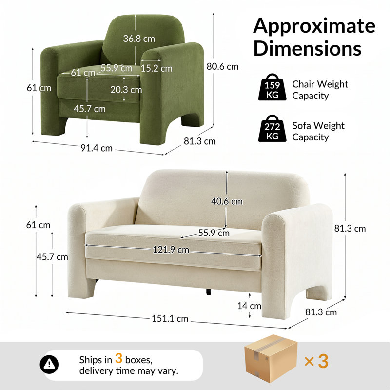 2 Piece Chenille Standard Living Room Set, Ivory Cream/Green