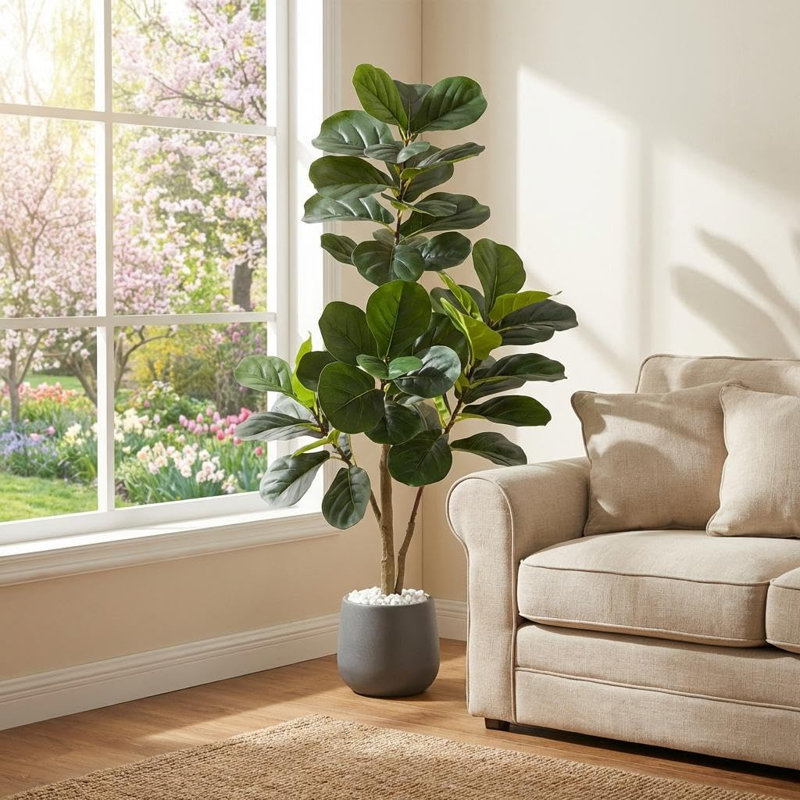 Figuier de 4 pi 4 feuilles, 48 feuilles, pot de fleurs gris, décor de plante d'intérieur